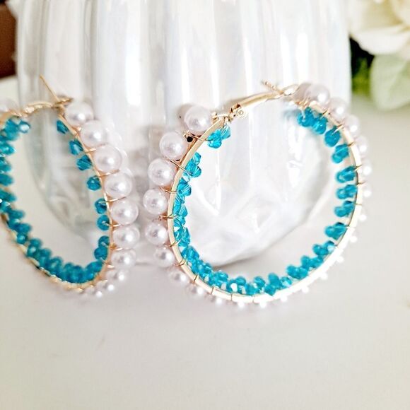💖2/$30 Gold tone boho hoop pearl blue turquoise beaded coquette chunky earrings - Picture 7 of 17